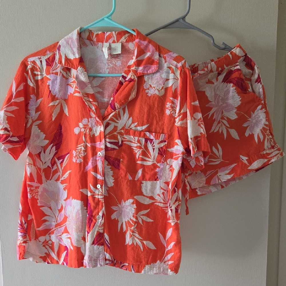 Cynthia Rowley Coral Floral Shortsleeves Pajama Set S